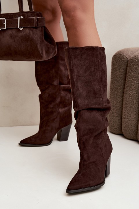 Chocolate Brown Block Heel Boots With Ruching Jensy