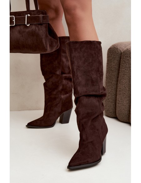 Chocolate Brown Block Heel Boots With Ruching Jensy