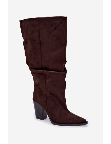 Chocolate Brown Block Heel Boots With Ruching Jensy