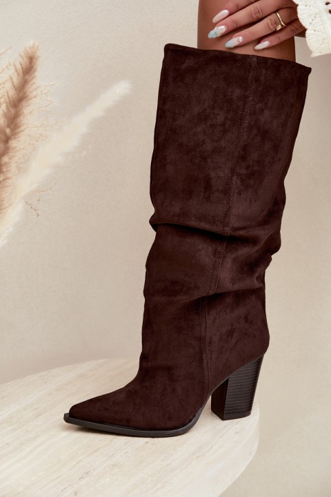 Chocolate Brown Block Heel Boots With Ruching Jensy