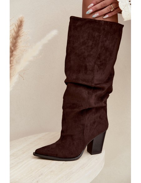 Chocolate Brown Block Heel Boots With Ruching Jensy