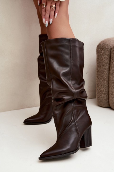 Chocolate Brown Eco Leather Slip-On Low Heel Boots With Ruching Jensy