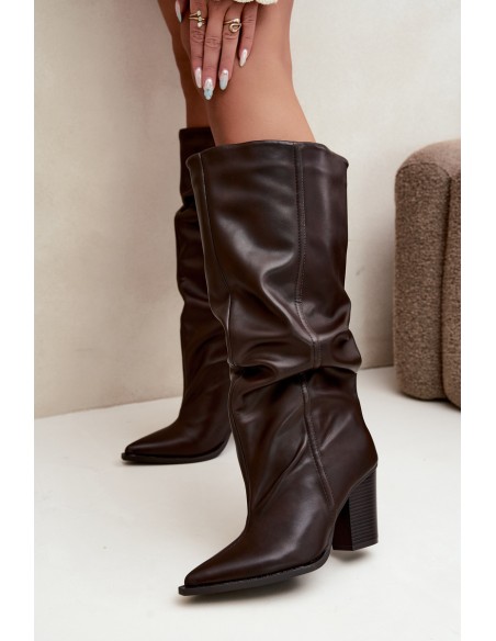 Chocolate Brown Eco Leather Slip-On Low Heel Boots With Ruching Jensy