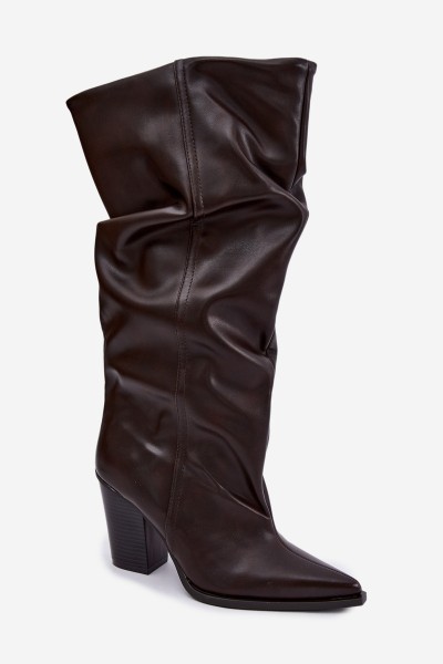 Chocolate Brown Eco Leather Slip-On Low Heel Boots With Ruching Jensy 2