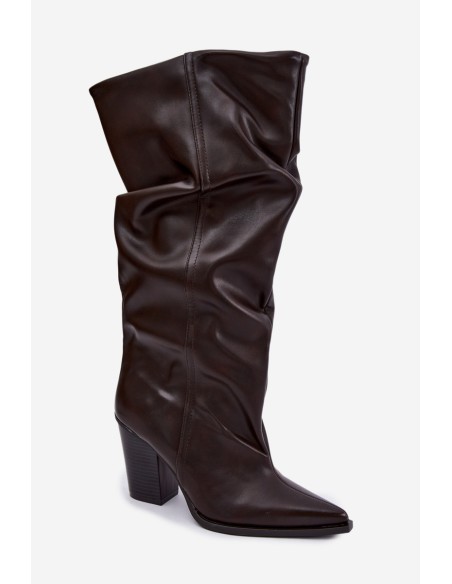 Chocolate Brown Eco Leather Slip-On Low Heel Boots With Ruching Jensy