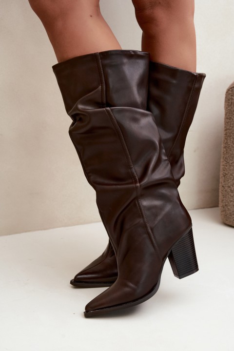Chocolate Brown Eco Leather Slip-On Low Heel Boots With Ruching Jensy