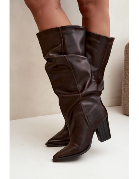 Chocolate Brown Eco Leather Slip-On Low Heel Boots With Ruching Jensy