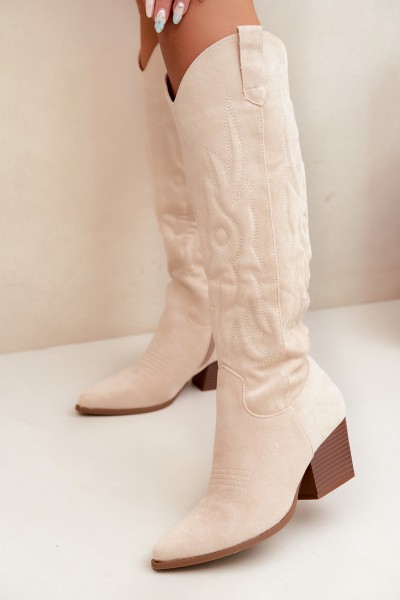Women's Light Beige Cowboy Boots On Heels Glenor