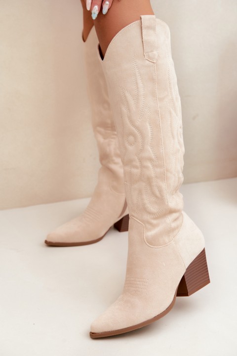Women's Light Beige Cowboy Boots On Heels Glenor
