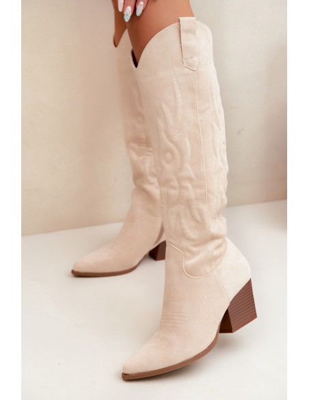 Women's Light Beige Cowboy Boots On Heels Glenor