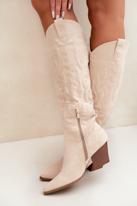 Women's Light Beige Cowboy Boots On Heels Glenor