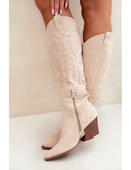 Women's Light Beige Cowboy Boots On Heels Glenor