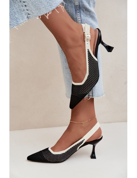 Black Openwork Leather Sandals with Heel in Hourglass Shape Evania
