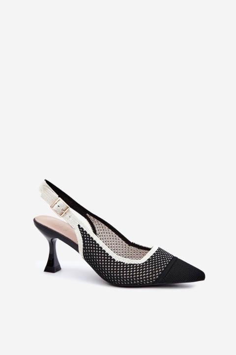 Black Openwork Leather Sandals with Heel in Hourglass Shape Evania