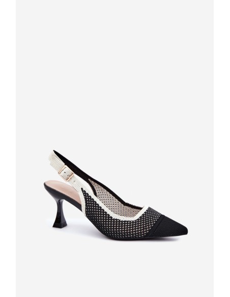 Black Openwork Leather Sandals with Heel in Hourglass Shape Evania