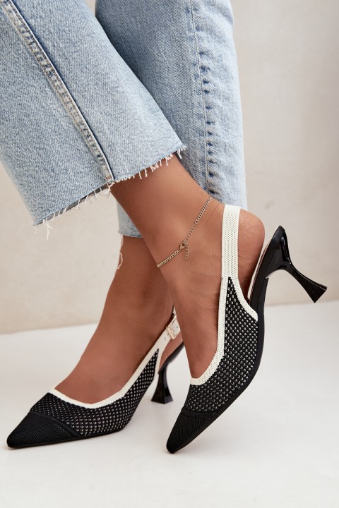 Black Openwork Leather Sandals with Heel in Hourglass Shape Evania