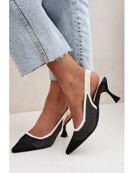 Black Openwork Leather Sandals with Heel in Hourglass Shape Evania