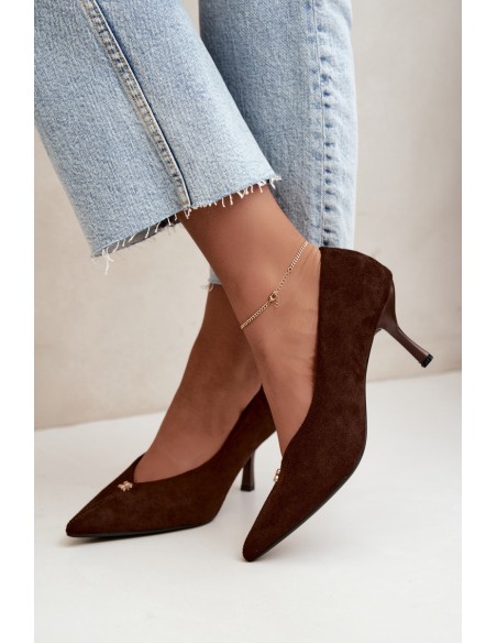 Women's Suede High Heels With Small Gold Detail Chocolate Adessa