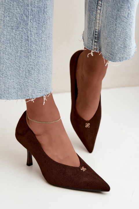 Women's Suede High Heels With Small Gold Detail Chocolate Adessa