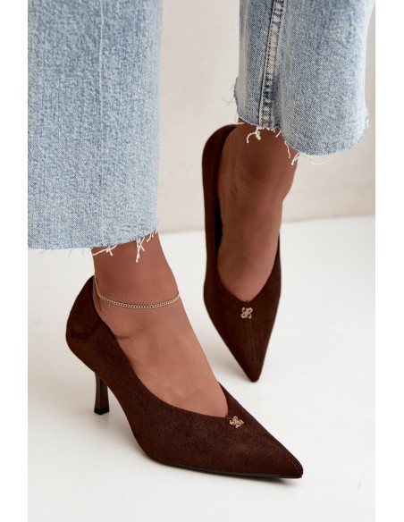 Women's Suede High Heels With Small Gold Detail Chocolate Adessa