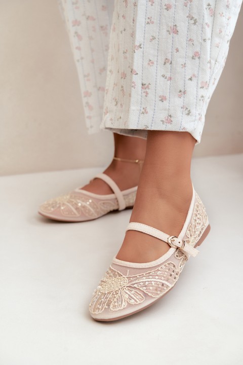 Beige Mesh Ballerinas With Embroidery and Sequins Caletta