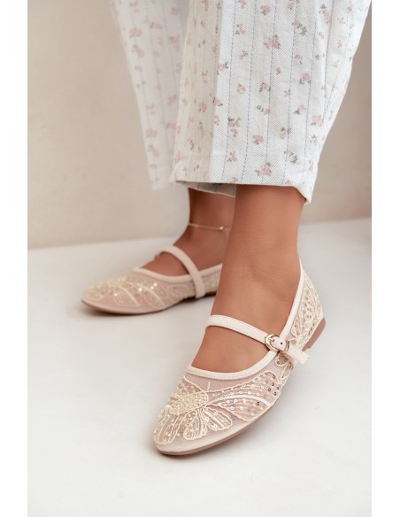 Beige Mesh Ballerinas With Embroidery and Sequins Caletta