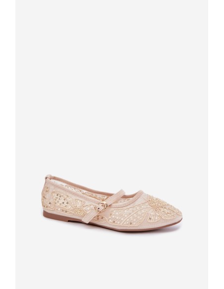 Beige Mesh Ballerinas With Embroidery and Sequins Caletta