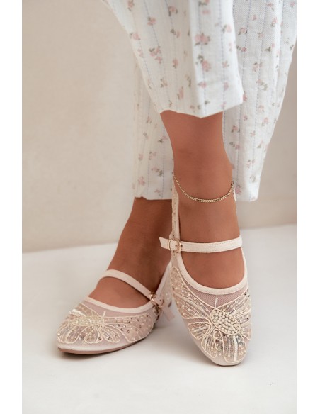 Beige Mesh Ballerinas With Embroidery and Sequins Caletta