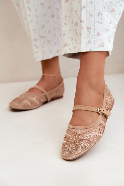 Women's Mesh Ballerinas With Embroidery and Sequins Dark Beige Caletta