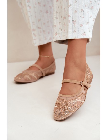 Women's Mesh Ballerinas With Embroidery and Sequins Dark Beige Caletta