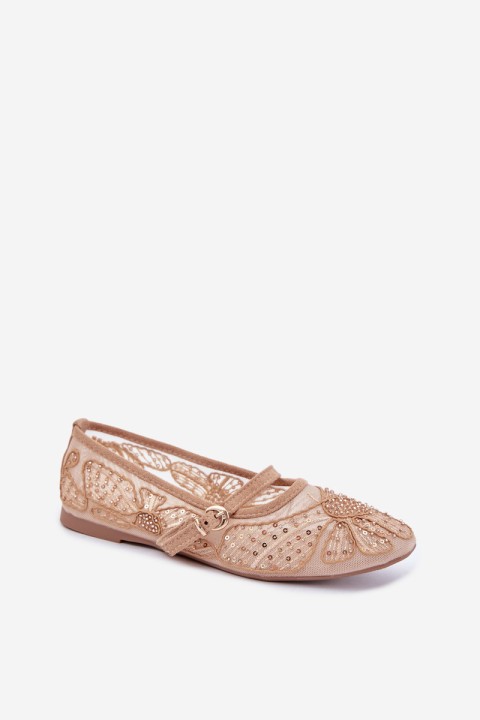 Women's Mesh Ballerinas With Embroidery and Sequins Dark Beige Caletta