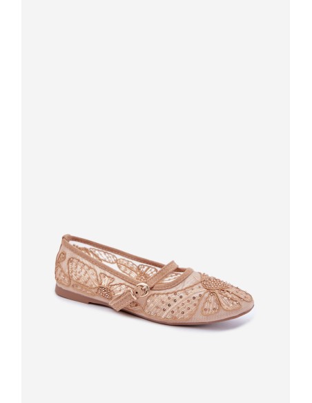 Women's Mesh Ballerinas With Embroidery and Sequins Dark Beige Caletta