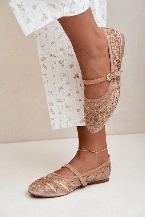 Women's Mesh Ballerinas With Embroidery and Sequins Dark Beige Caletta