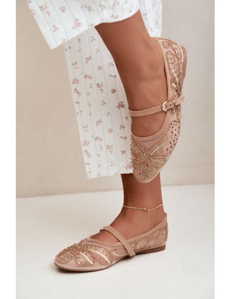 Women's Mesh Ballerinas With Embroidery and Sequins Dark Beige Caletta