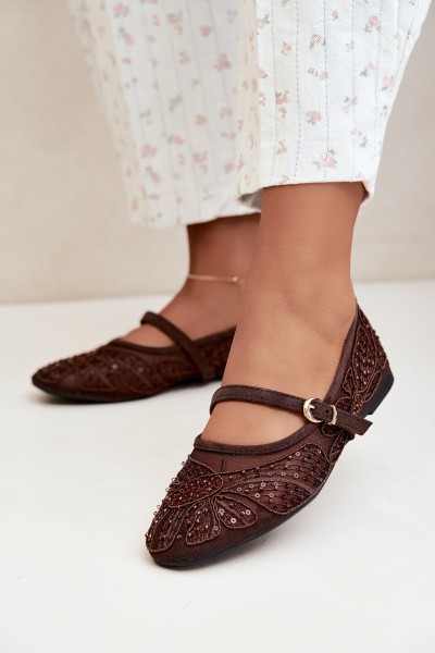Mesh Ballerinas With Embroidery and Sequins Chocolate Caletta