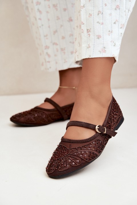 Mesh Ballerinas With Embroidery and Sequins Chocolate Caletta