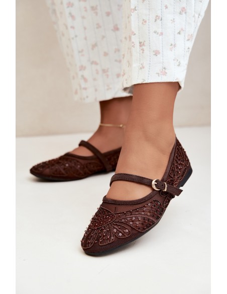 Mesh Ballerinas With Embroidery and Sequins Chocolate Caletta
