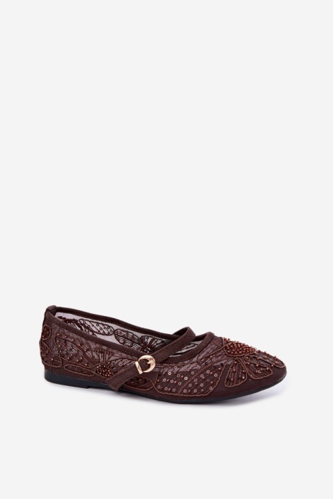 Mesh Ballerinas With Embroidery and Sequins Chocolate Caletta