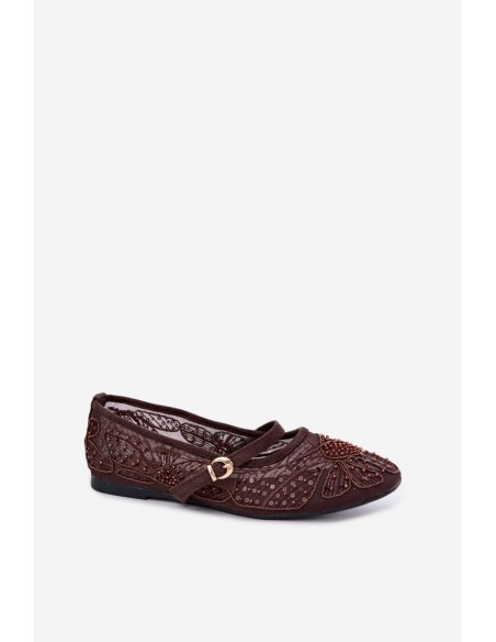Mesh Ballerinas With Embroidery and Sequins Chocolate Caletta
