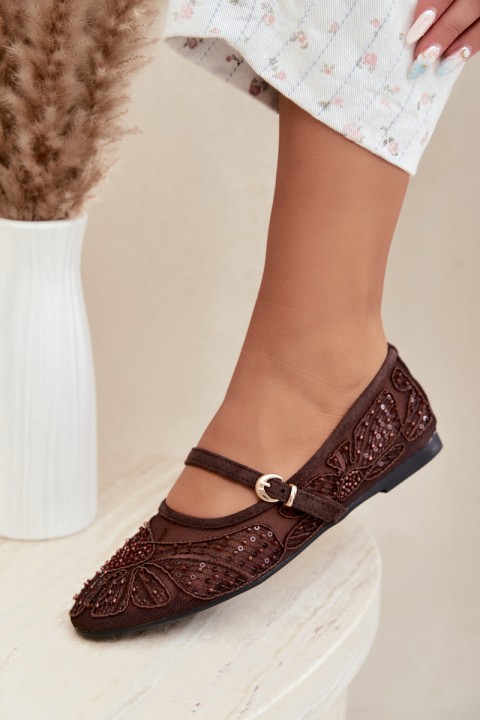Mesh Ballerinas With Embroidery and Sequins Chocolate Caletta