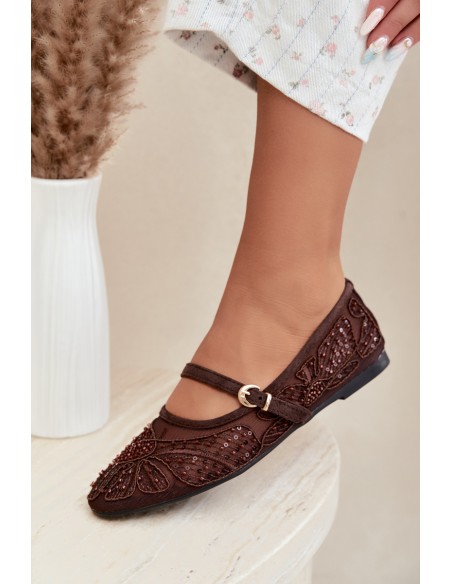 Mesh Ballerinas With Embroidery and Sequins Chocolate Caletta