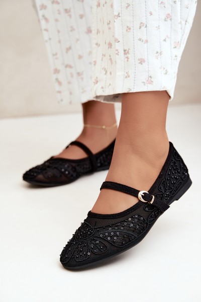 Women's Mesh Ballerinas With Embroidery and Sequins Black Caletta