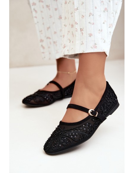 Women's Mesh Ballerinas With Embroidery and Sequins Black Caletta