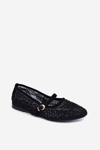 Women's Mesh Ballerinas With Embroidery and Sequins Black Caletta 2
