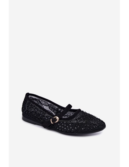 Women's Mesh Ballerinas With Embroidery and Sequins Black Caletta