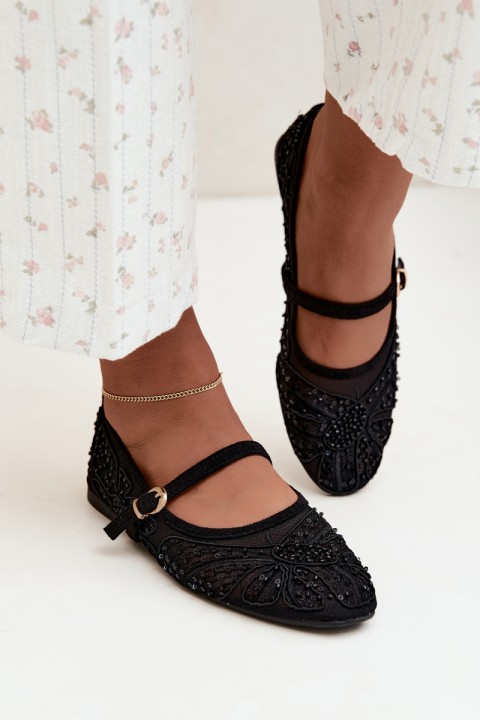 Women's Mesh Ballerinas With Embroidery and Sequins Black Caletta