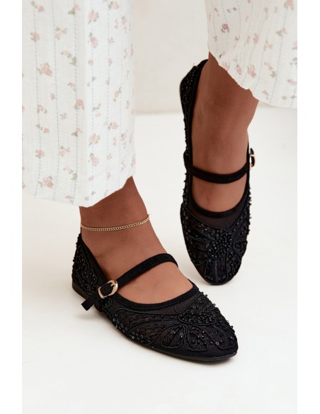 Women's Mesh Ballerinas With Embroidery and Sequins Black Caletta