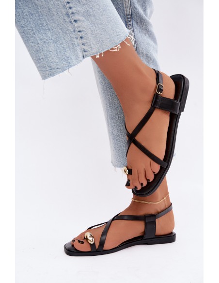 Women's Flat Sandals With Decorative Detail Black Vensy