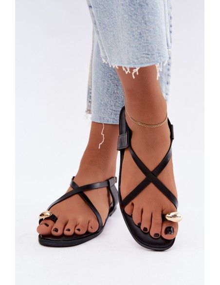 Women's Flat Sandals With Decorative Detail Black Vensy