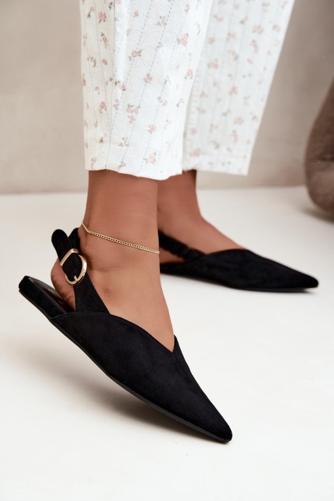 Black Ballerinas With Open Heel, Ruched Strap And Buckle Harton
